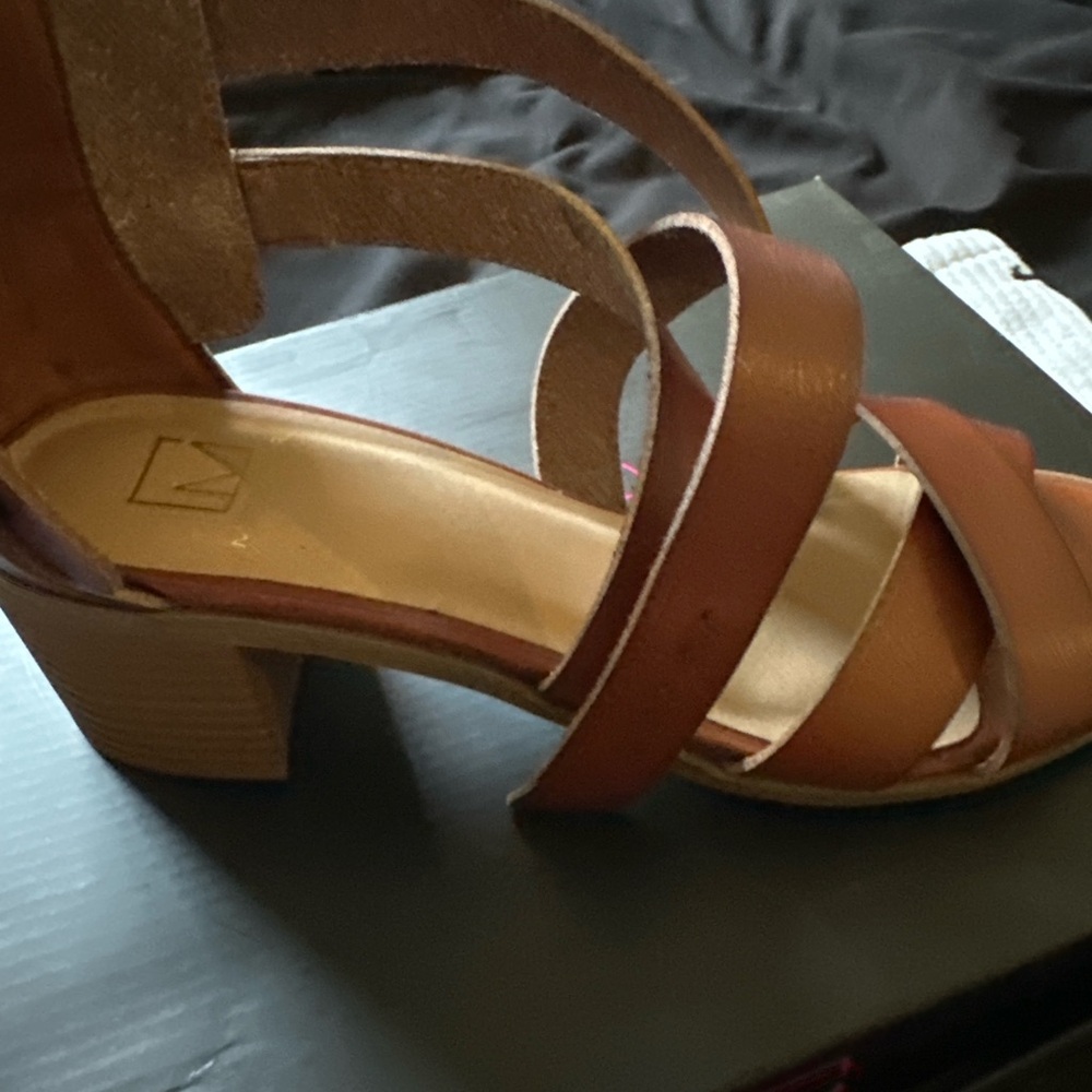 Material Girl Tan Brown Strappy Block Heel Sandals